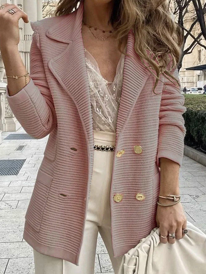 Damen lässiger Strickblazer mit doppelter Knopfleiste und Taschen WW