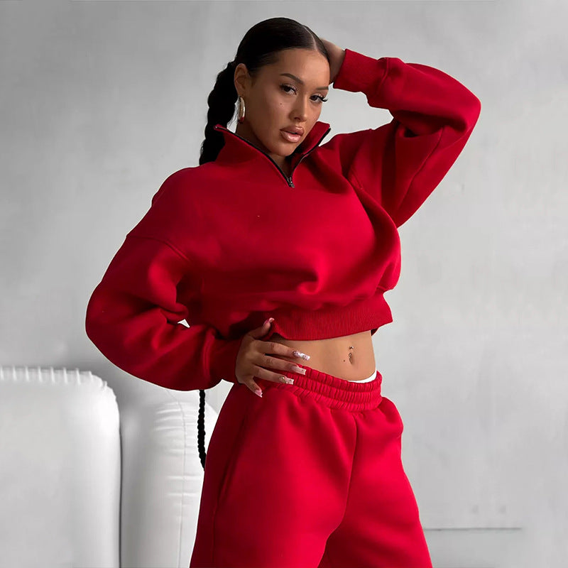 Damen sportliches Crop-Pullover-Set mit hohem Kragen und elastischem Bund WW