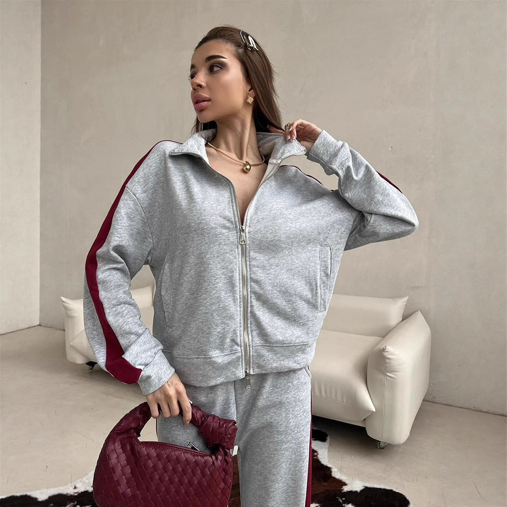 Damen sportliches Fleece-Anzug-Set mit mittellangem Reißverschluss und seitlichen Taschen WW