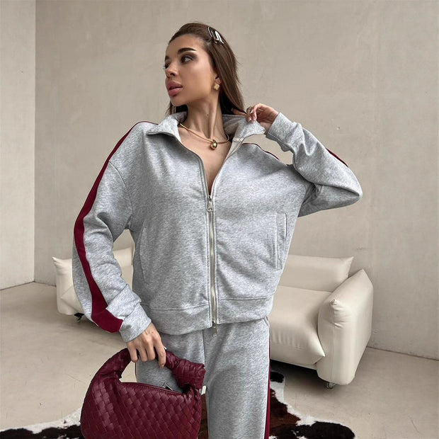 Damen sportliches Fleece-Anzug-Set mit mittellangem Reißverschluss und seitlichen Taschen WW