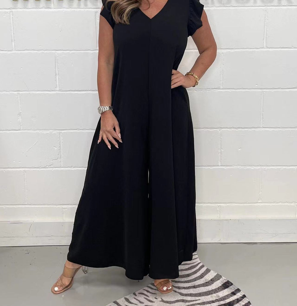 Damen eleganter Jumpsuit mit weit geschnittenen Beinen und V-Ausschnitt