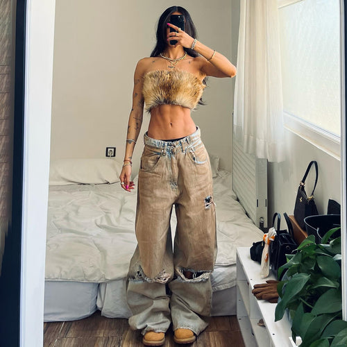 Damen Baggy Jeans mit ausgefranstem Saum und used Look WW