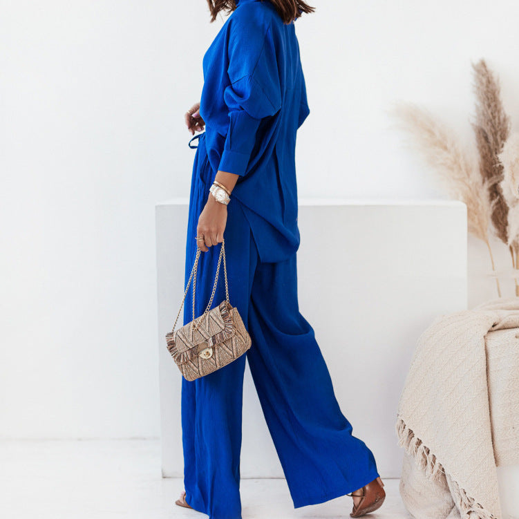 Damen Lässiger Zweiteiler mit langärmeliger Bluse und weitem Hosenstil W&W Mode