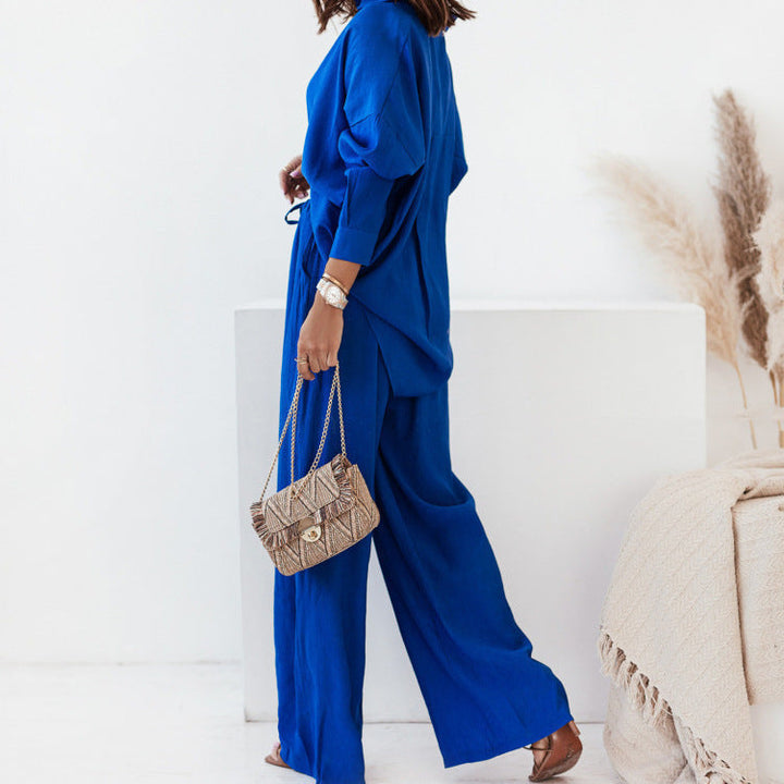 Damen Lässiger Zweiteiler mit langärmeliger Bluse und weitem Hosenstil W&W Mode