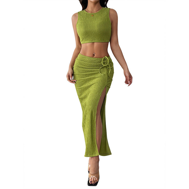 Damen Set aus Crop-Top und Maxirock mit raffinierten Rüschen und seitlichem Schlitz WW