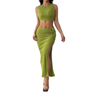 Damen Set aus Crop-Top und Maxirock mit raffinierten Rüschen und seitlichem Schlitz WW