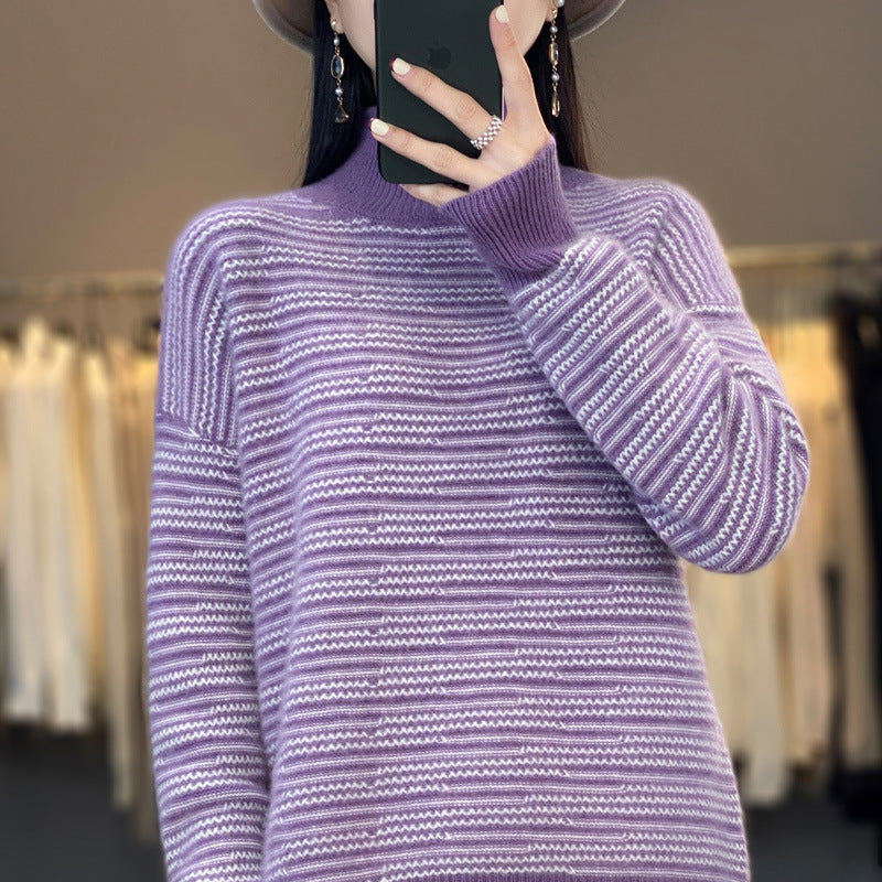 Damen Strickpullover mit modernem Streifenmuster und bequemen Daumenlöchern WW