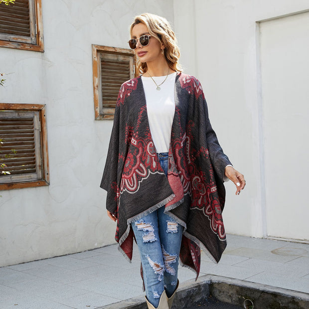 Damen Eleganter Kimono-Poncho mit kunstvollem Muster und fransigen Kanten WW