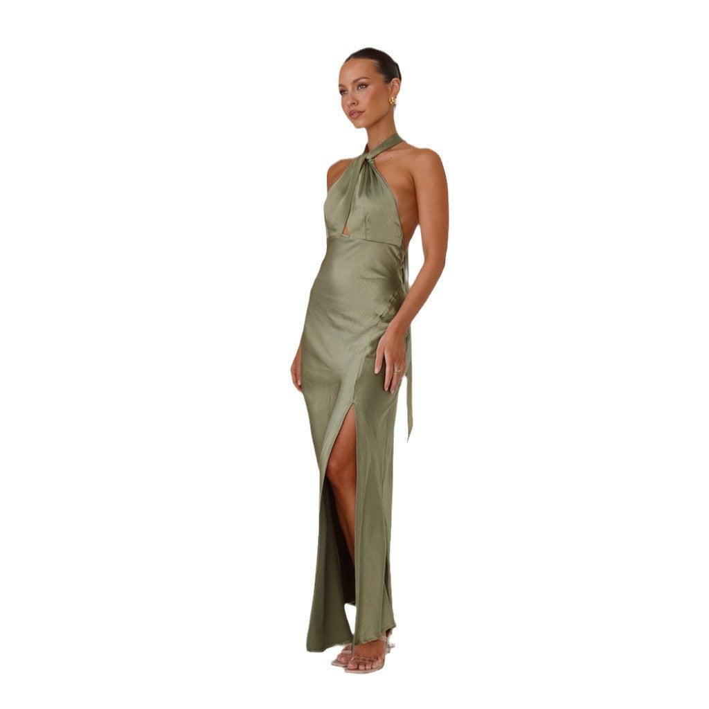 Damen Maxikleid mit elegantem Halterneck-Design und fließendem Satin-Finish WW