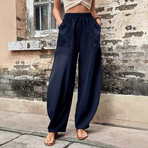 Damen weite Leinenhose mit elastischem Taillenbund und Seitentaschen W&W Mode