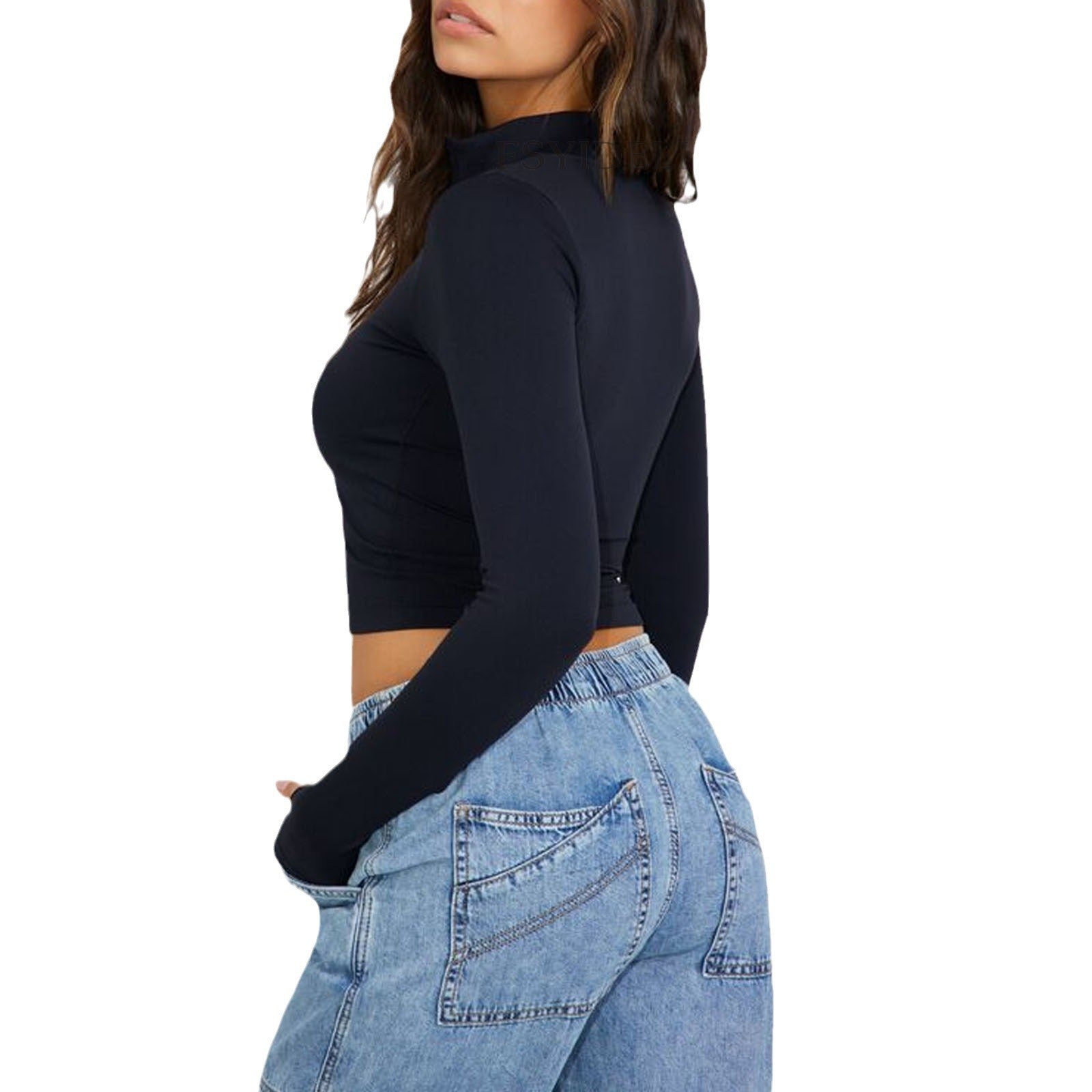 Damen Sportliches Cropped-Top mit langem Arm und Stehkragen WW