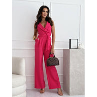Damen eleganter Jumpsuit mit Wickeloptik und Taillengürtel WW