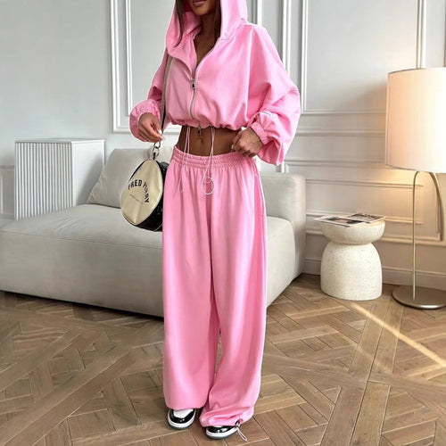 Damen sportliches Zweiteiler-Set mit cropped Kapuzenpullover und weitem Hosen WW