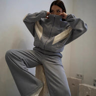 Damen sportliches Fleece-Set mit hochgeschlossenem Kragen und weiten Hosen WW