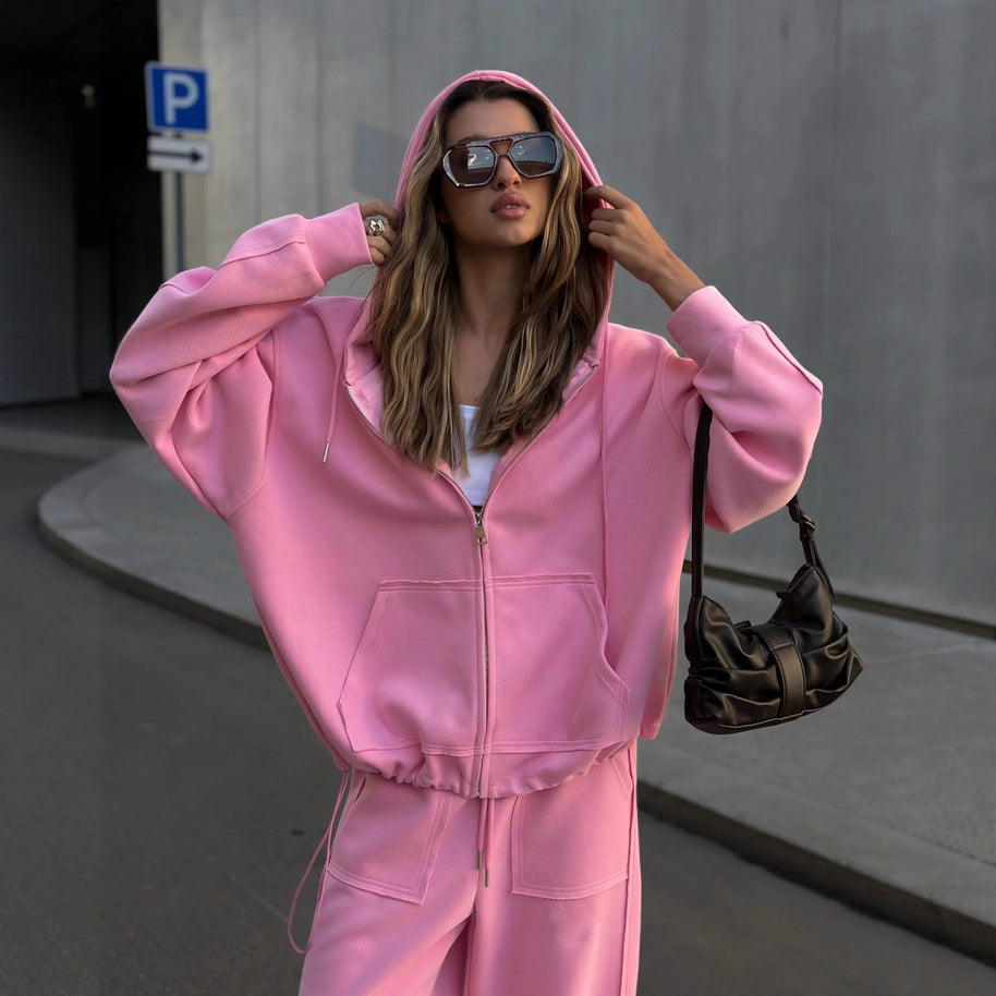 Damen bequeme und lässige Kapuzenjacke mit weitem Schnitt und passenden Jogginghosen WW