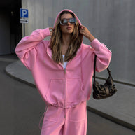 Damen bequeme und lässige Kapuzenjacke mit weitem Schnitt und passenden Jogginghosen WW