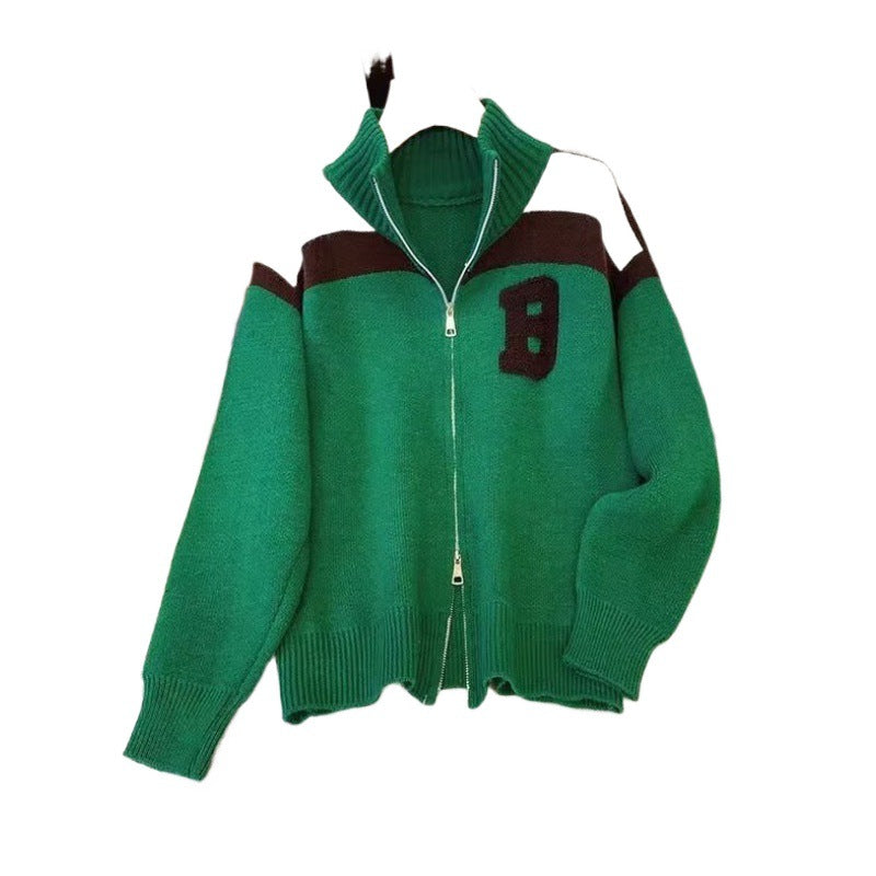 Damen Sportlicher Stehkragen-Strickpullover mit Reißverschluss und kontrastierenden Details WW