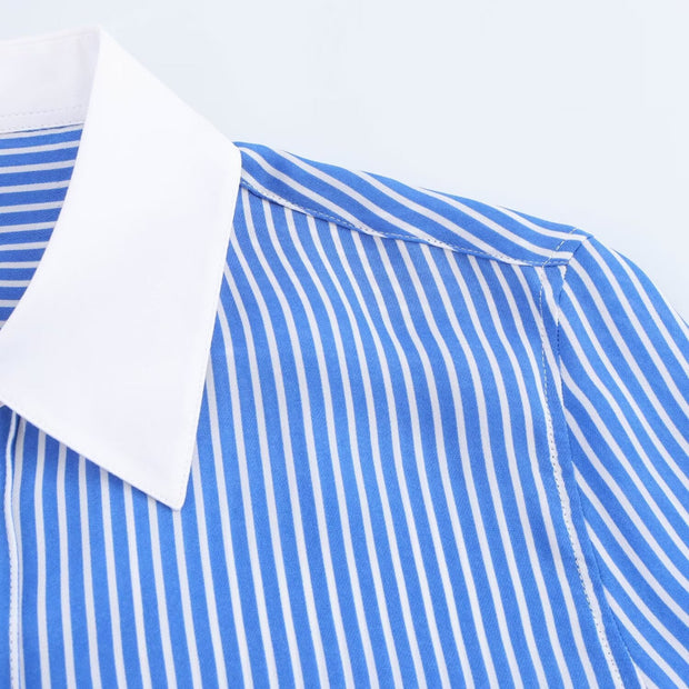 WW | Modische Blau Weiß Gestreifte Revers Vielseitige Bluse