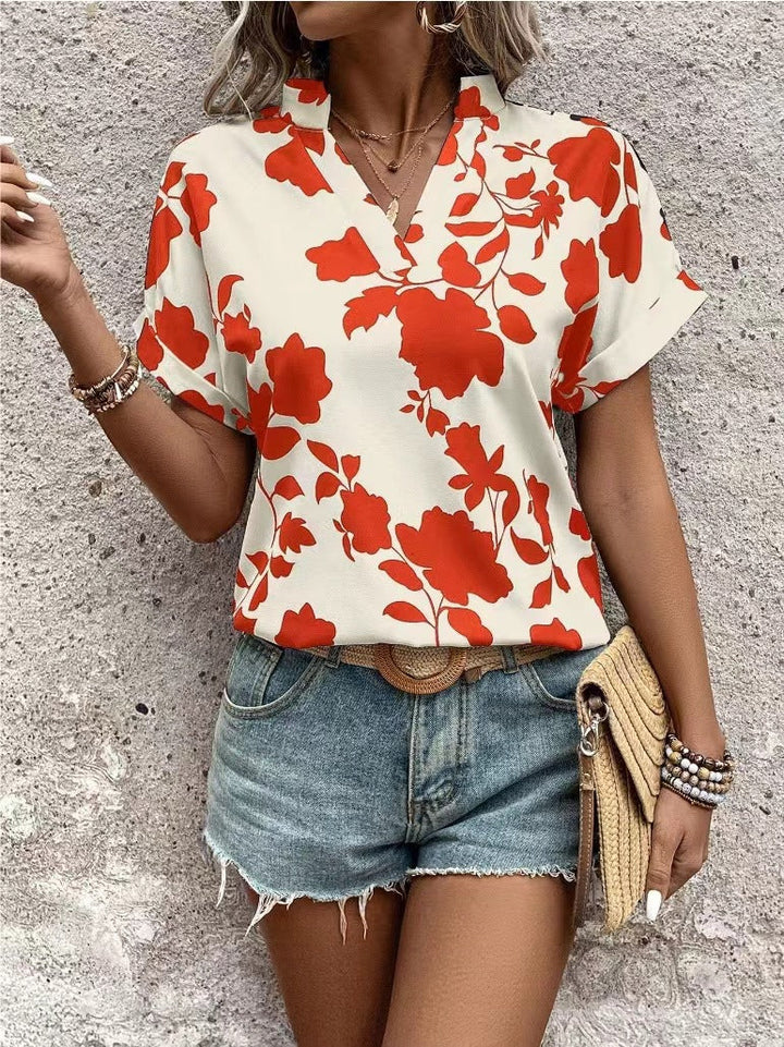 Damen Bluse mit kreativem Pinselstrich-Muster und modernem V-Ausschnitt W&W Mode