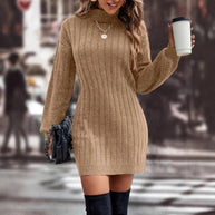 Damen Strickkleid mit hohem Kragen und feinem Rippenmuster WW