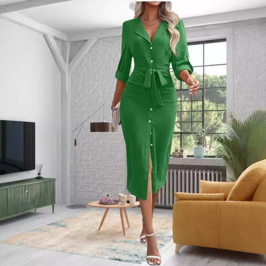 Damen knielanges Hemdblusenkleid mit Gürtel und modernem Revers WW