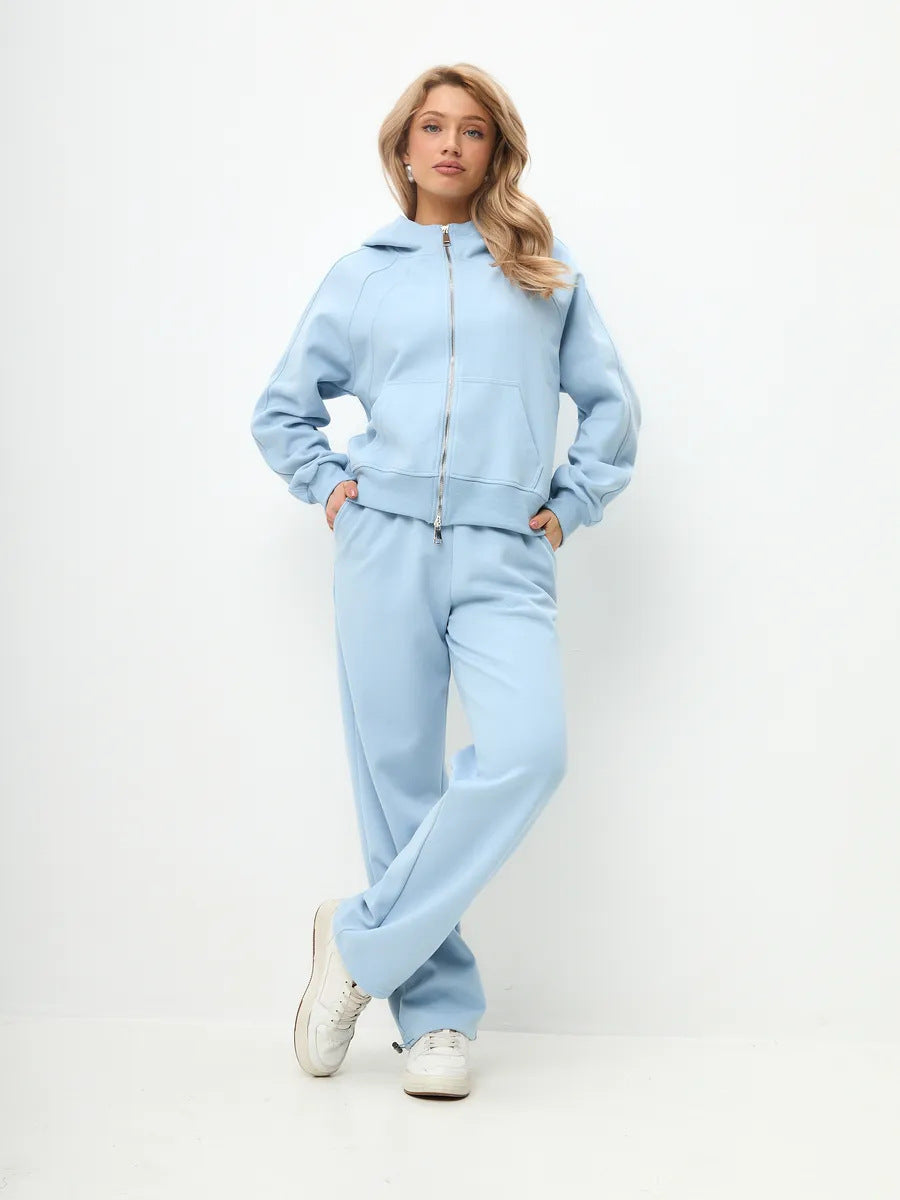 Damen sportliches Fleece-Hoodie-Set mit verschließbarem Reißverschluss WW