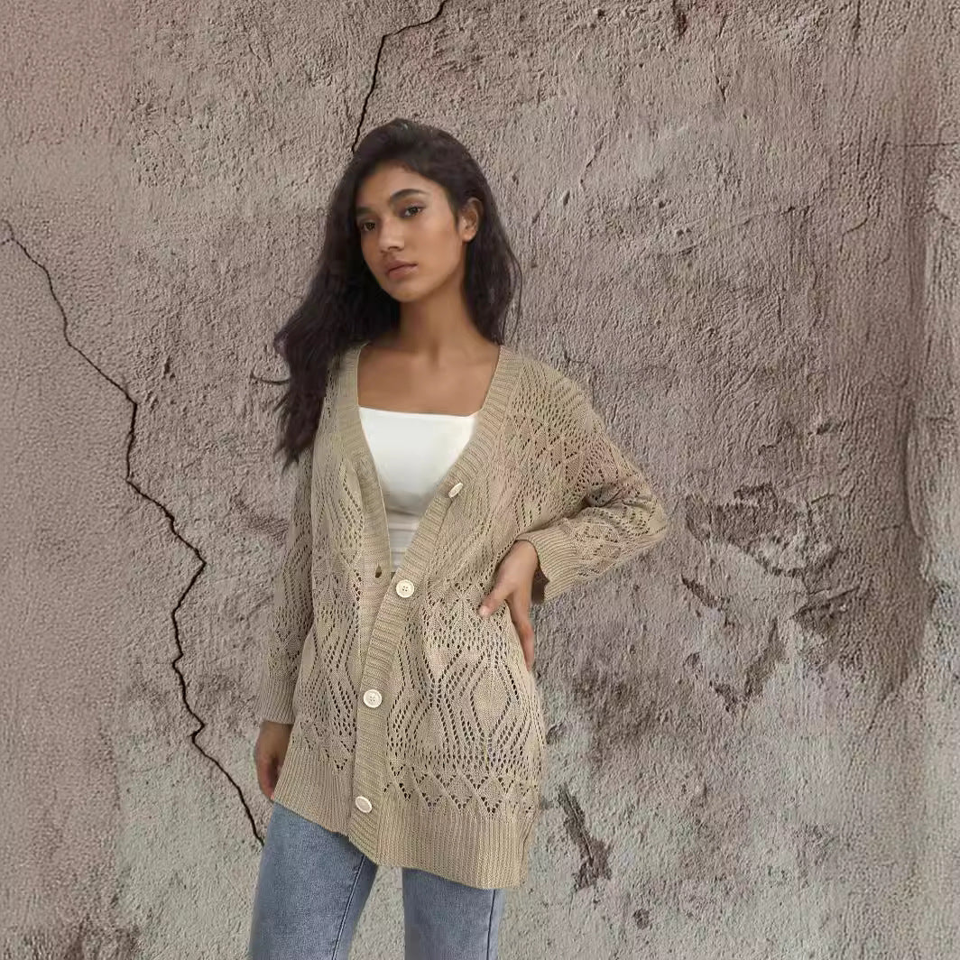 Damen Strickcardigan mit luftigen Mustern und Knopfdetails WW