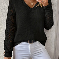 Damen Strickpullover mit V-Ausschnitt und gehäkelten Ärmeln WW