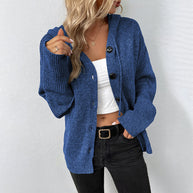 Damen elegante Strickjacke mit Kapuze und Knöpfen