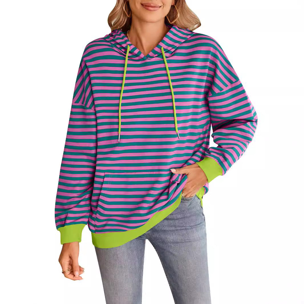 Damen gestreifter Kapuzenpullover mit stylischer Kängurutasche W&W Mode
