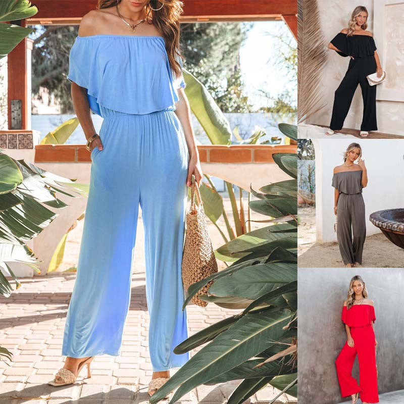Damen Eleganter Off-Shoulder Jumpsuit mit weitem Bein und fließendem Oberteil WW