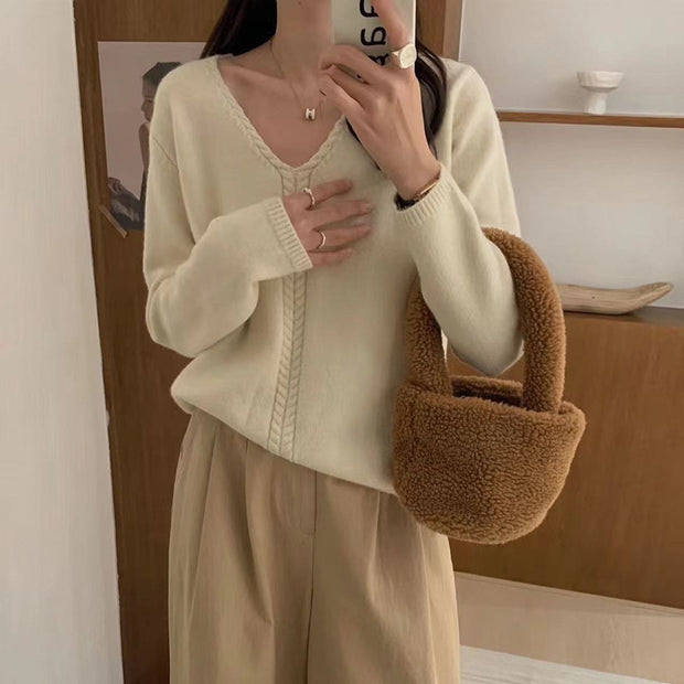 Damen Strickpullover mit V-Ausschnitt und Zopfmuster WW
