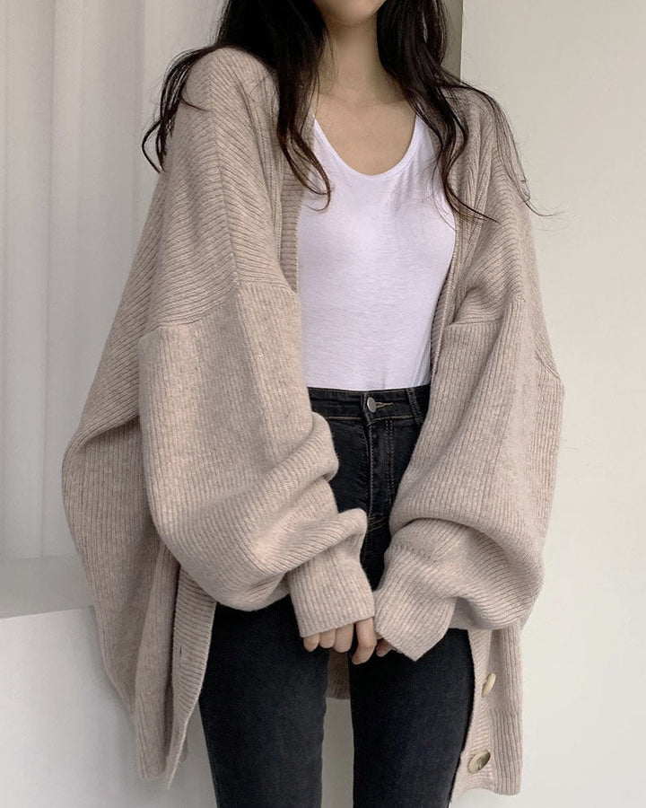 W&W Mode V-Ausschnitt einreihig lockerer Laternenärmel Strickcardigan