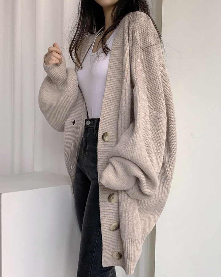 W&W Mode V-Ausschnitt einreihig lockerer Laternenärmel Strickcardigan