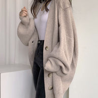 WW V-Ausschnitt einreihig lockerer Laternenärmel Strickcardigan