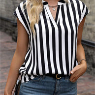 Damen Bluse im elegant gestreiften Design mit modernem V-Ausschnitt und kurzen Ärmeln WW
