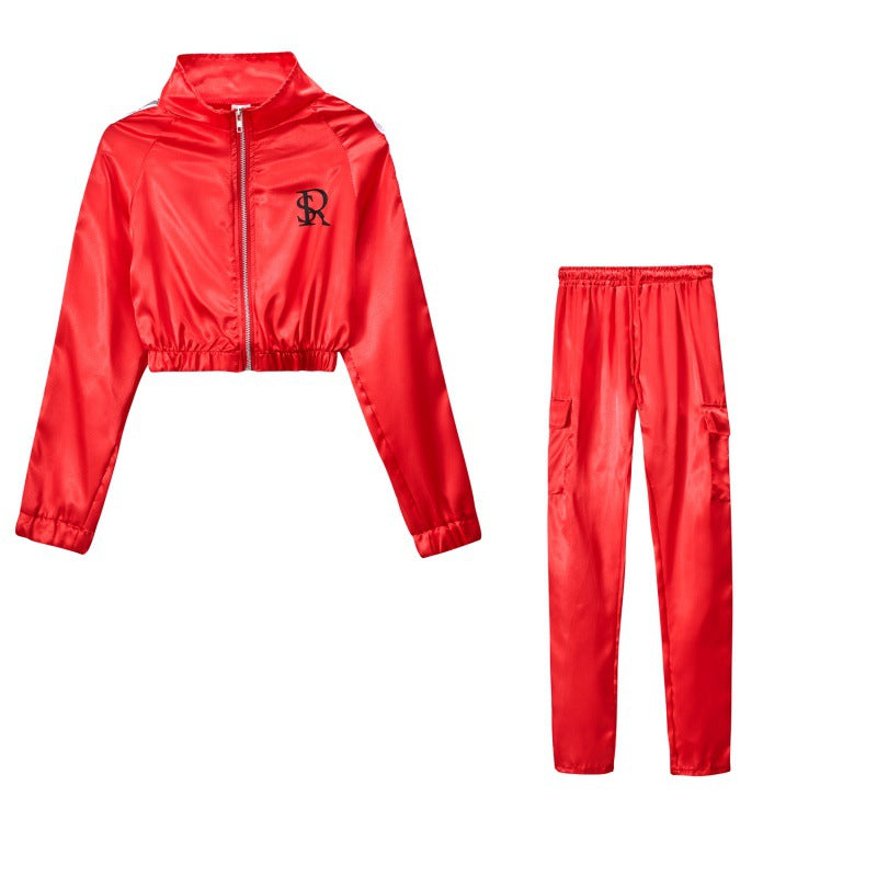 Damen Sportliches Trainingsanzug-Set mit cropped Jacke und Jogginghose WW