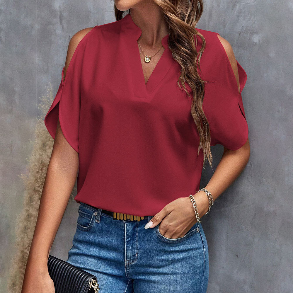 Damen Kurzarmbluse mit elegantem V-Ausschnitt und luftigen Schmetterlingsärmeln W&W Mode