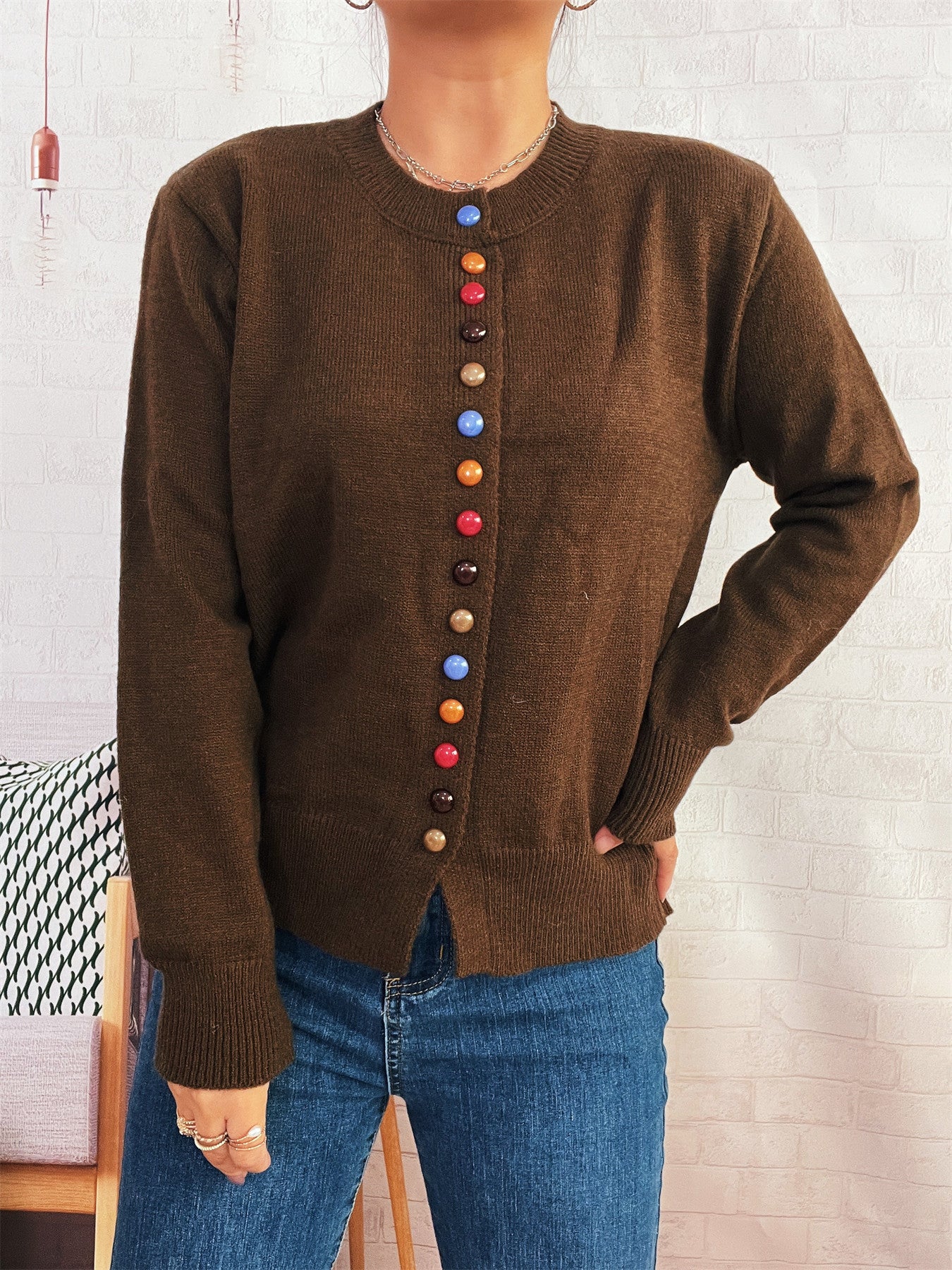 Damen stilvolle Strickjacke mit bunten Knöpfen WW