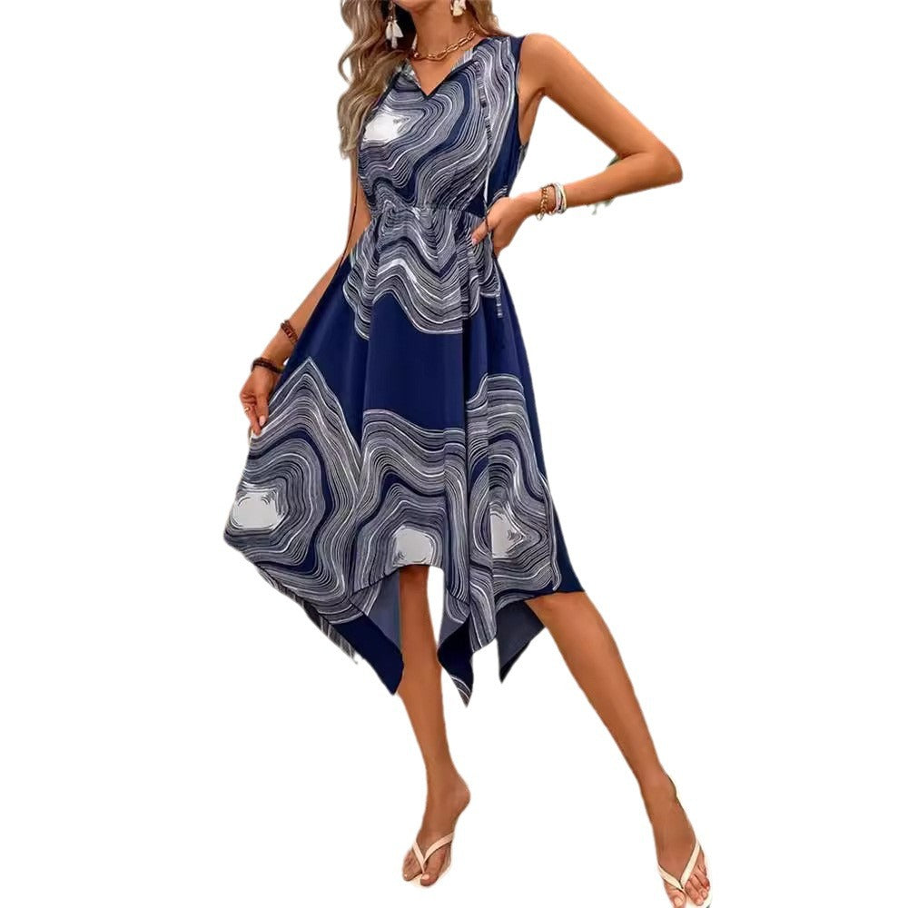 Damen asymmetrisches Sommerkleid mit Wellenmuster und V-Ausschnitt W&W Mode