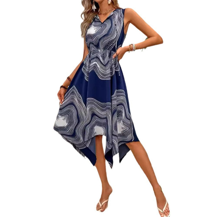 Damen asymmetrisches Sommerkleid mit Wellenmuster und V-Ausschnitt W&W Mode