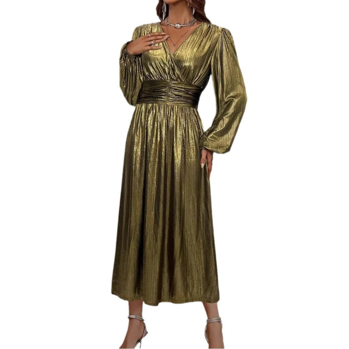 Damen Elegantes Midikleid mit metallischem Glanz und raffinierten Puffärmeln W&W Mode
