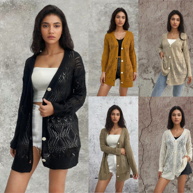 Damen Strickcardigan mit luftigen Mustern und Knopfdetails WW