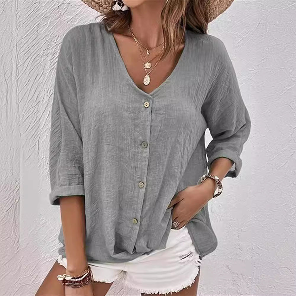 Damen lässige Bluse mit Knopfleiste und V-Ausschnitt WW