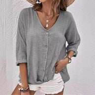 Damen lässige Bluse mit Knopfleiste und V-Ausschnitt WW