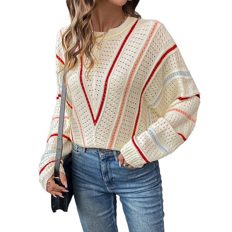 Damen Strickpullover mit modernem Lochmuster und dekorativen Streifen WW