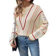 Damen Strickpullover mit modernem Lochmuster und dekorativen Streifen WW
