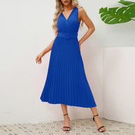 Damen Plissee Maxikleid mit taillierbarem Gürtel und elegantem V-Ausschnitt WW