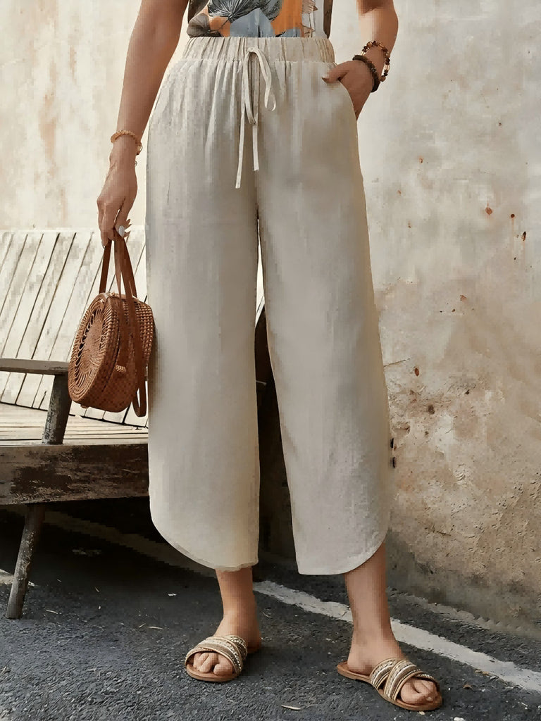Damen luftige Leinenhose mit elastischem Bund und praktischen Taschen WW