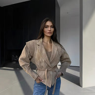 Damen schicke Wollblazerjacke mit Taillengürtel WW